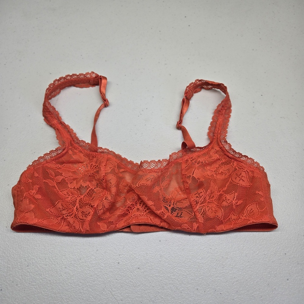 Adore Me Women Bra 34B‎ Orange Floral Bralette Underwired Lace Strap Sheer
